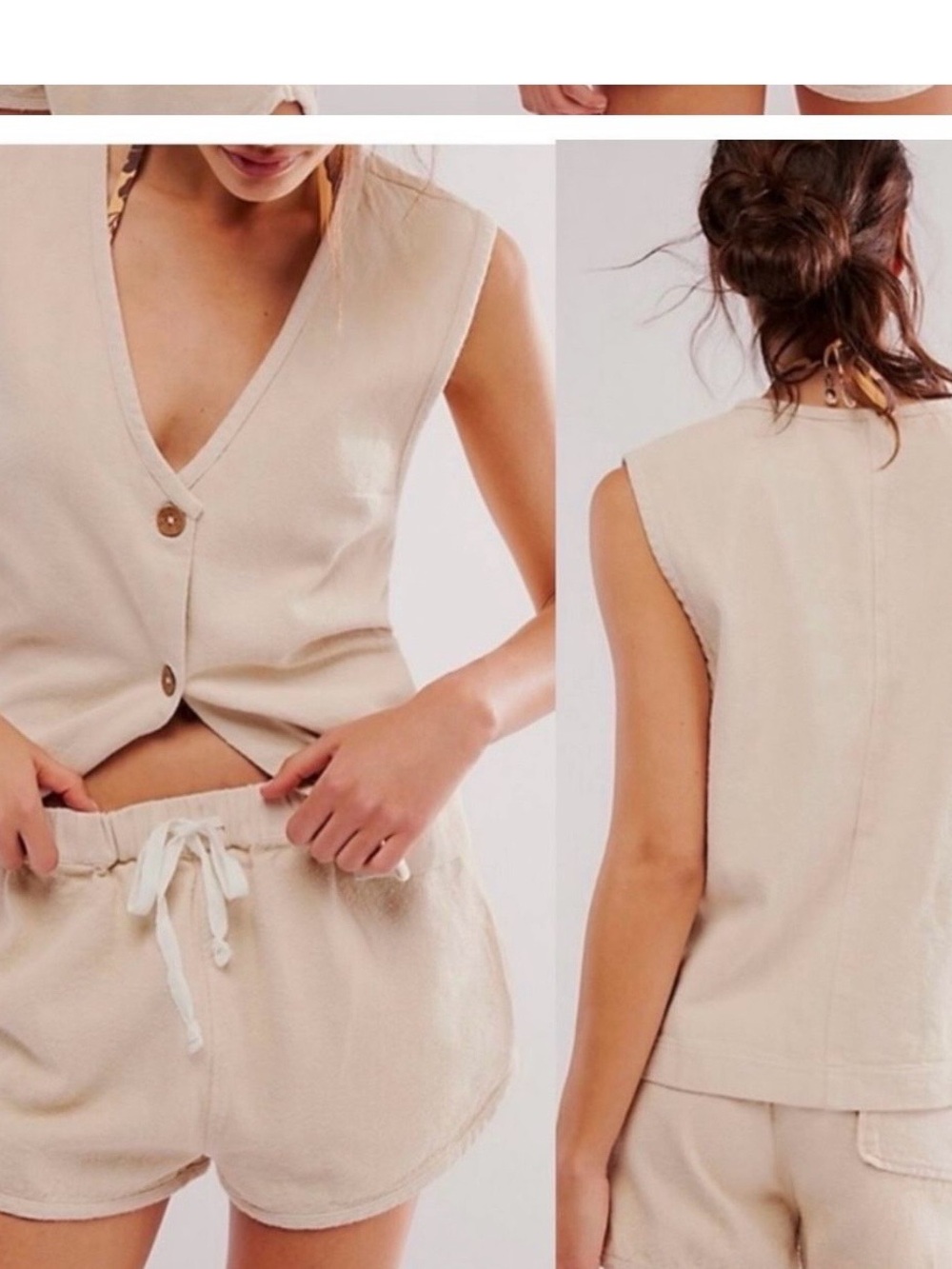 Sleeveless Beige Button Front Tank Top and short set